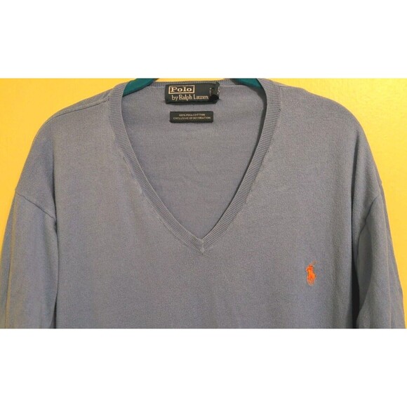 Vtg Polo Ralph Lauren Sweater V Neck Pima Cotton Light Blue Sz XXL Orange Pony - Picture 3 of 7